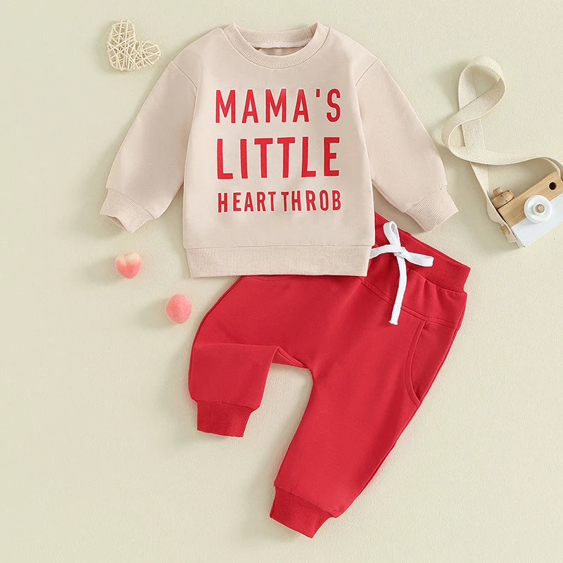 Baby Toddler Boy Girl 2Pcs Valentine's Day Outfits Long Sleeve Crewneck Mama's Little Heart Throb Letter Print Top Jogger Pants Clothes Set