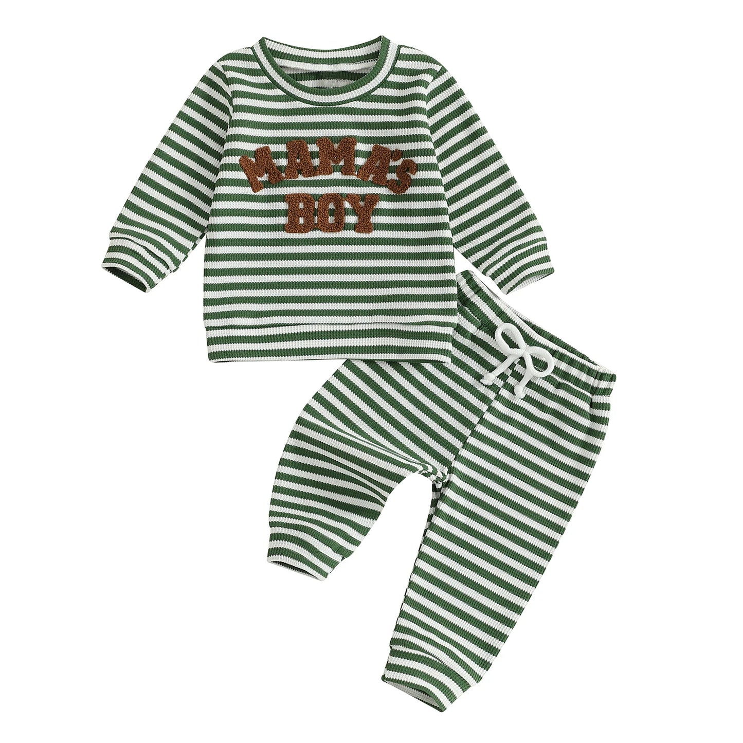 Baby Toddler Boys 2Pcs Mama's Boy / Little Dude Waffle Outfit Letter Embroidery Striped Long Sleeve Top and Elastic Pants Set