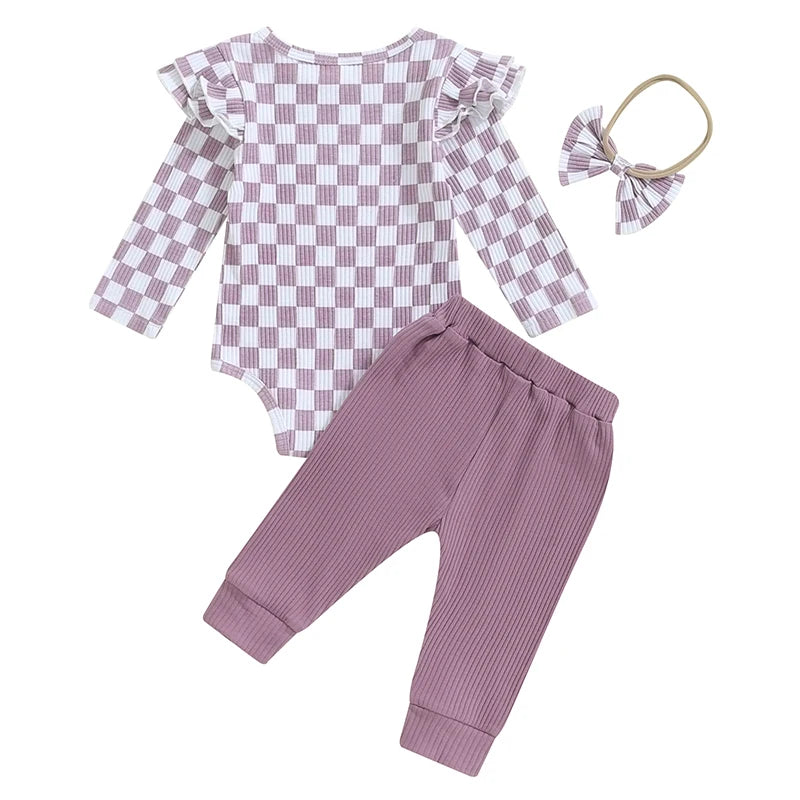 Baby Girls 3Pcs Fall Outfit Checkered Print Long Sleeve Romper Solid Color Long Pants Headband Set