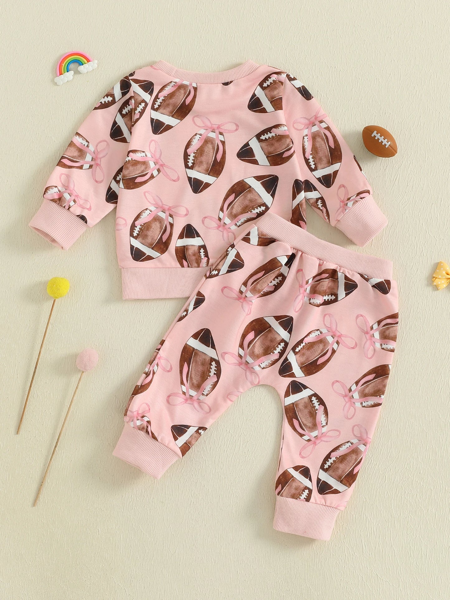 Baby Toddler Girls 2Pcs Fall Outfit Football Bow Print Crew Neck Long Sleeve Top with Pants Jogger Set