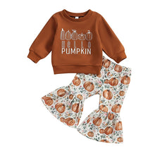 Load image into Gallery viewer, Baby Toddler Girls 2Pcs Halloween Outfit Long Sleeve Little Pumpkin Print Top Pumpkin Print Flared Bell Bottom Pants
