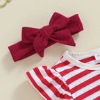Baby Girls 2Pcs Thanksgiving Christmas Outfits Stripe Long Sleeve Romper Turkey / Santa Embroidery Overalls Dress Headband Set