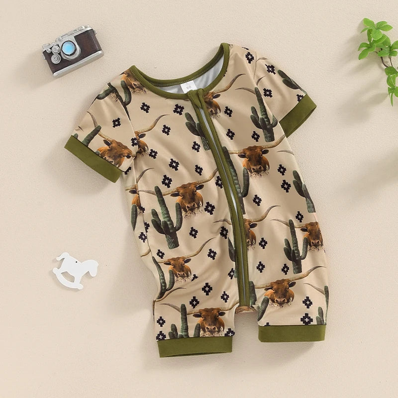 Baby Boys Summer Romper Short Sleeve Crew Neck Cactus Cow Horse Cowboy Print Zipper Jumpsuit