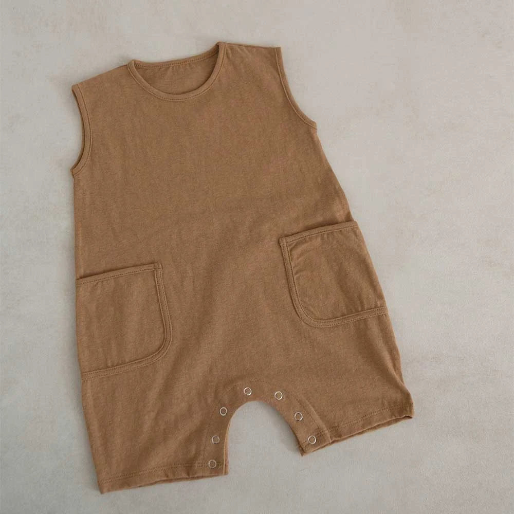 Baby Boys Girls Romper Playsuit Jumpsuit 100% Cotton Neutral Colours Pockets Soft Solid Baby Onepiece Clothes