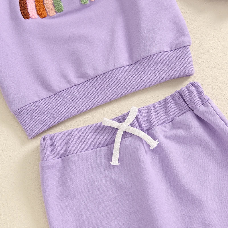 Baby Toddler Girls 2Pcs Outfit Embroidery Rainbow Long Sleeve Crew Neck Top with Elastic Waist Pants Set