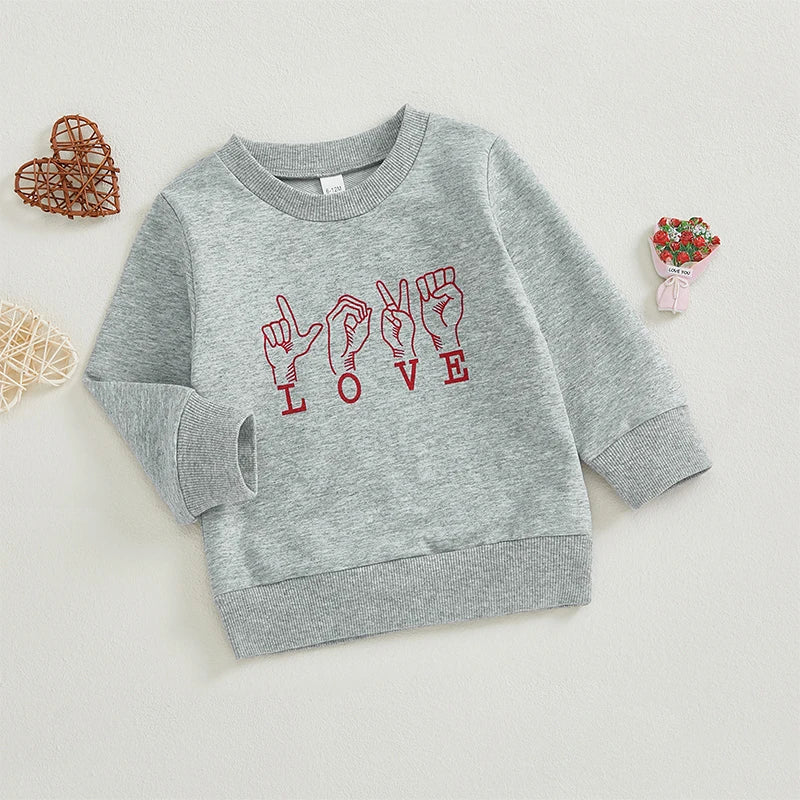 Baby Toddler Girls Boys Love Hand Sign Language Heart Print Long Sleeve Pullover Valentine's Day Valentines Top