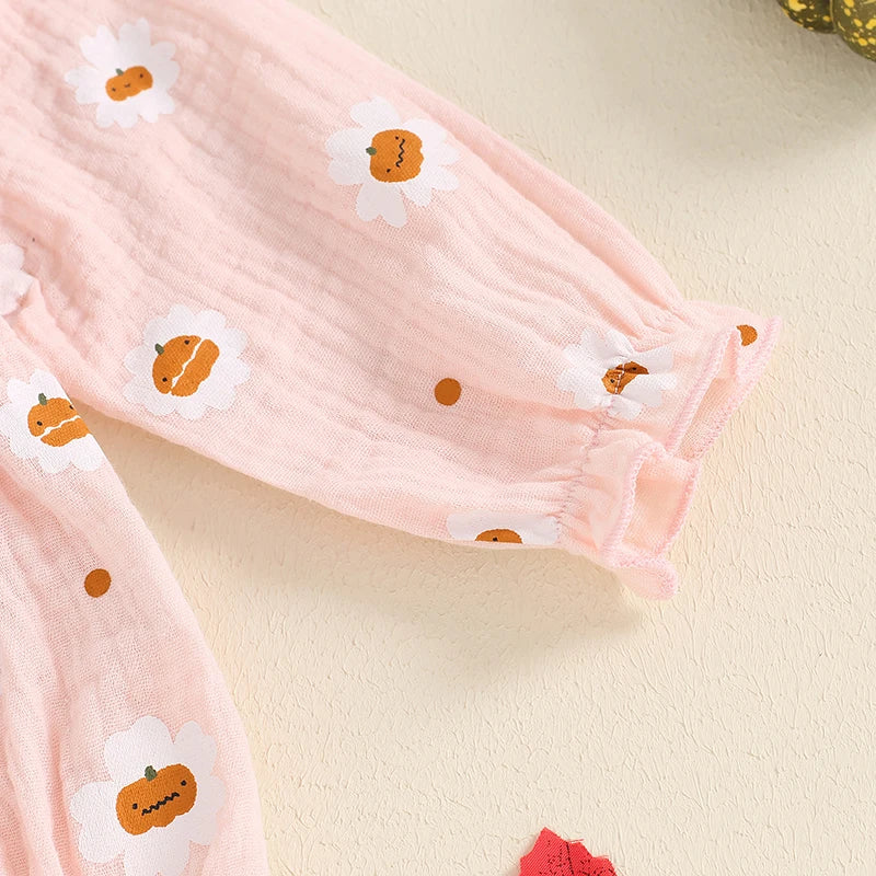 Baby Girls 2Pcs Halloween Thanksgiving Outfit Long Sleeve Pumpkin Flower Pie Print Romper with Headband Set