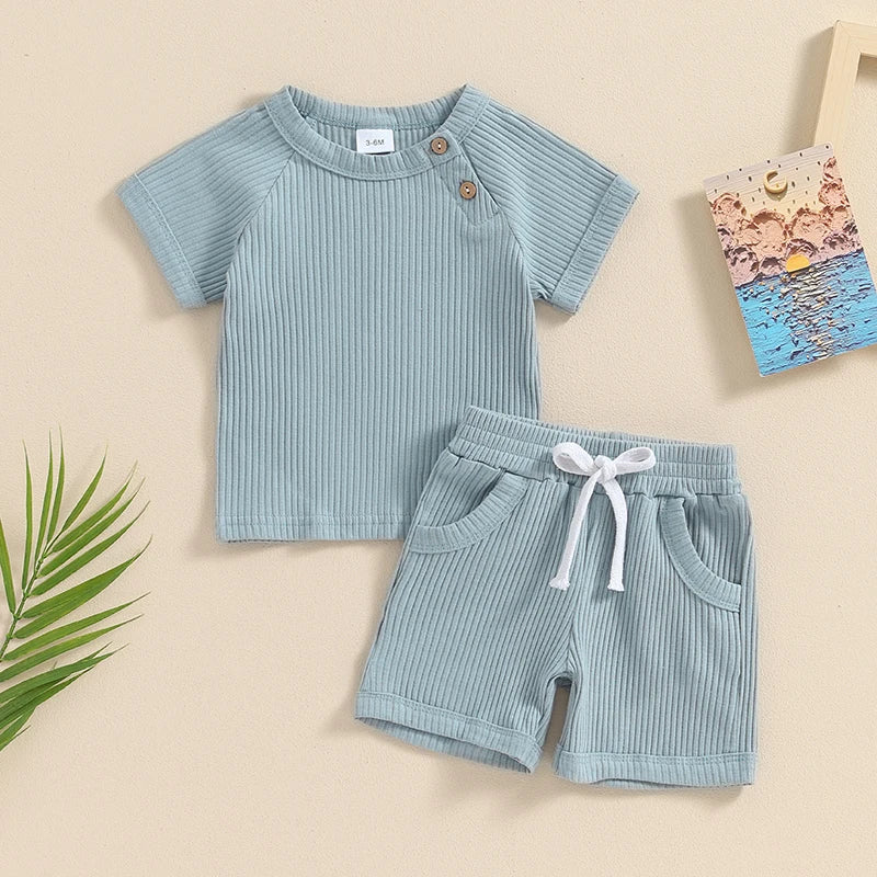 Baby Toddler Boys 2Pcs Summer Outfits Ribbed Solid Color Short Sleeve Top and Shorts Vacation Clothes Set