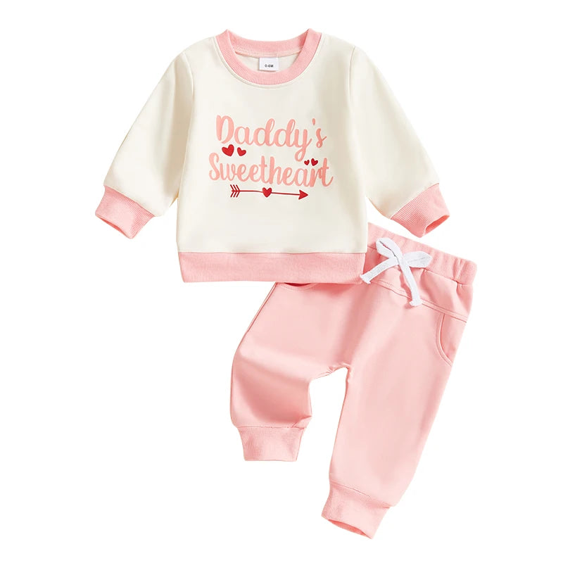 Baby Toddler Girls 2Pcs Little Dude Big Heart / Daddy's Sweetheart Outfit Letter Heart Print Long Sleeve Crewneck Top with Solid Color Pants Valentines Jogger Set Valentine's Day