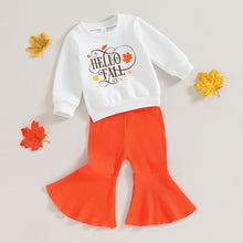 Load image into Gallery viewer, Baby Toddler Girls 2Pcs Long Sleeve Letter Maple Leaf Hello Fall Print Top Solid Color Long Flared Pants Sets Outfit
