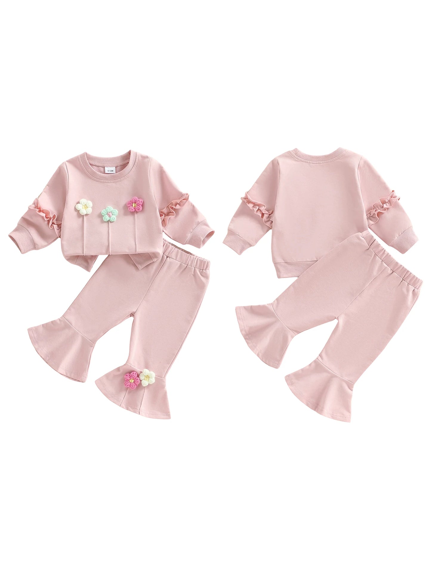 Baby Toddler Girls 2Pcs Spring Outfit Long Sleeve Crew Neck 3D Crochet Flower Decor Top and Bell Bottom Pants Set