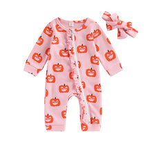 Load image into Gallery viewer, Baby Girl 2Pcs Halloween Romper Crew Neck Pink Long Sleeve Pumpkin Print Jumpsuit with Headband
