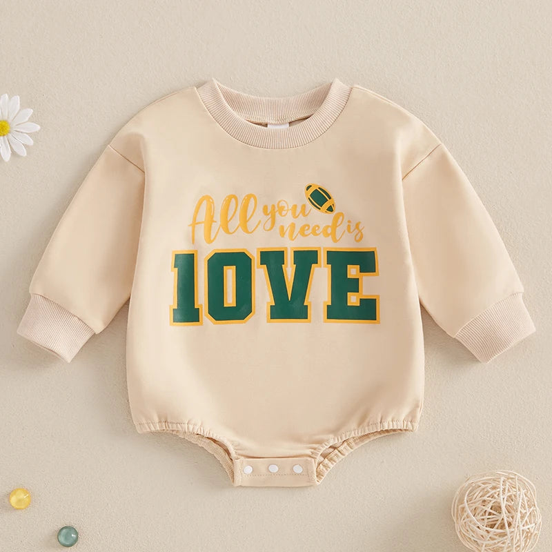 Baby Boys Girls All You Need Is Love 10VE Bubble Romper Football Letter Print Long Sleeve Round Neck Fall Jumpsuit