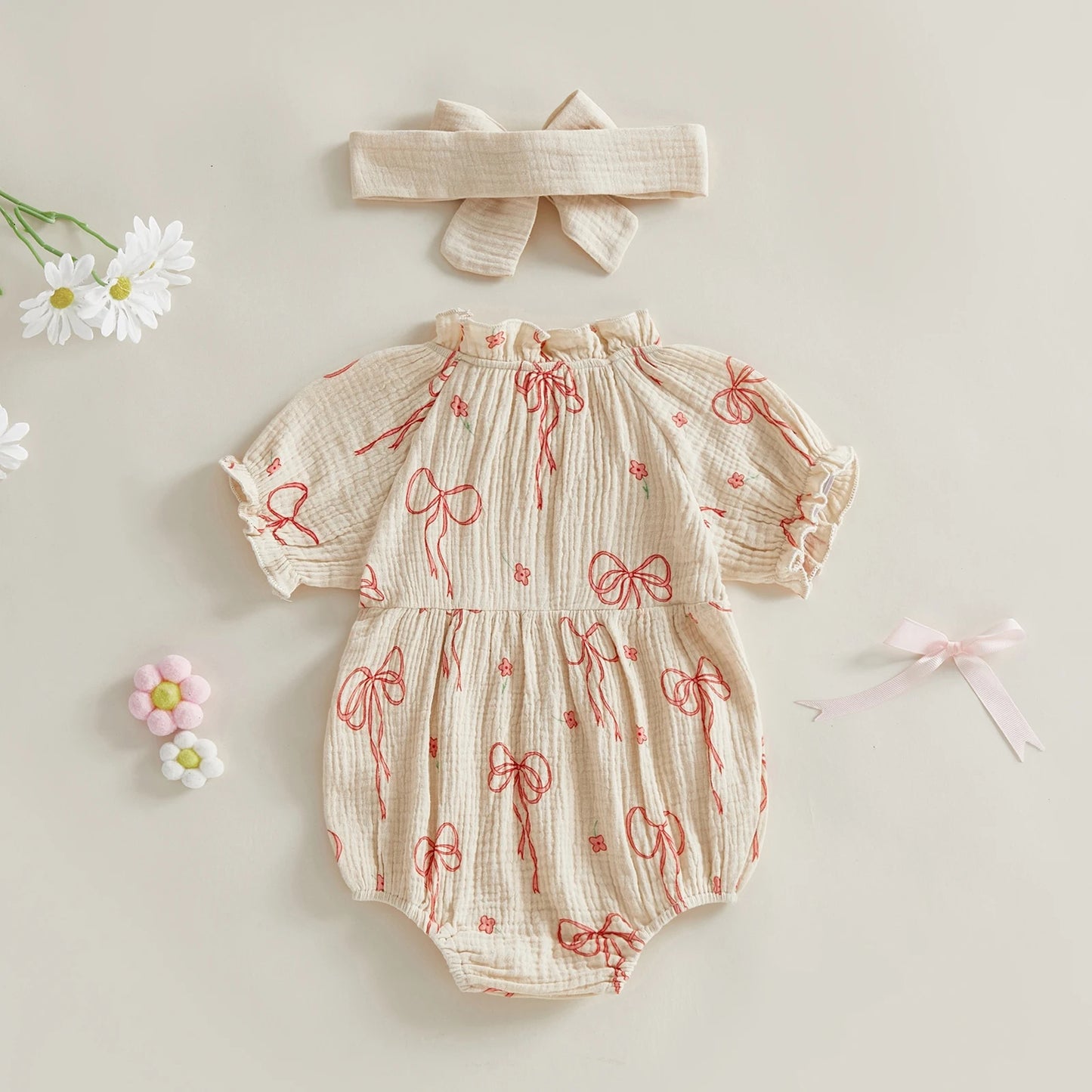 Baby Girls 2Pcs Outfit Cute Short Sleeve Round Neck Bow Flower Print Jumpsuit with Headband Set