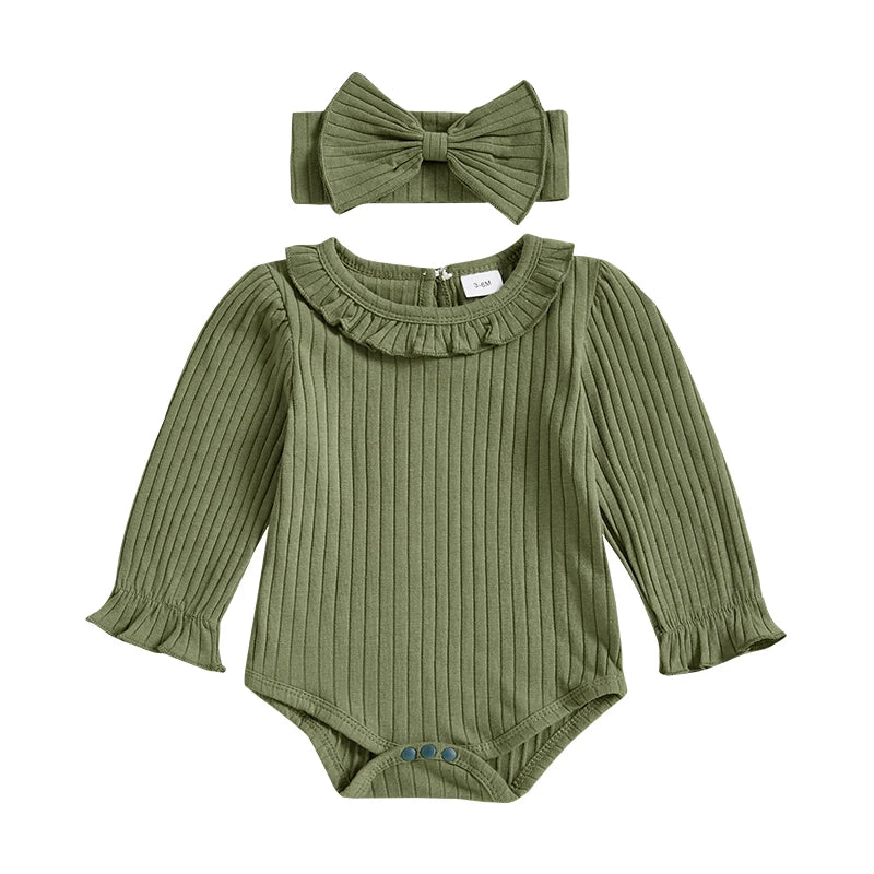 Baby Girl 2Pcs Spring Outfit Long Puff Sleeve Solid Color Bodysuit with Headband Set Infant Clothes