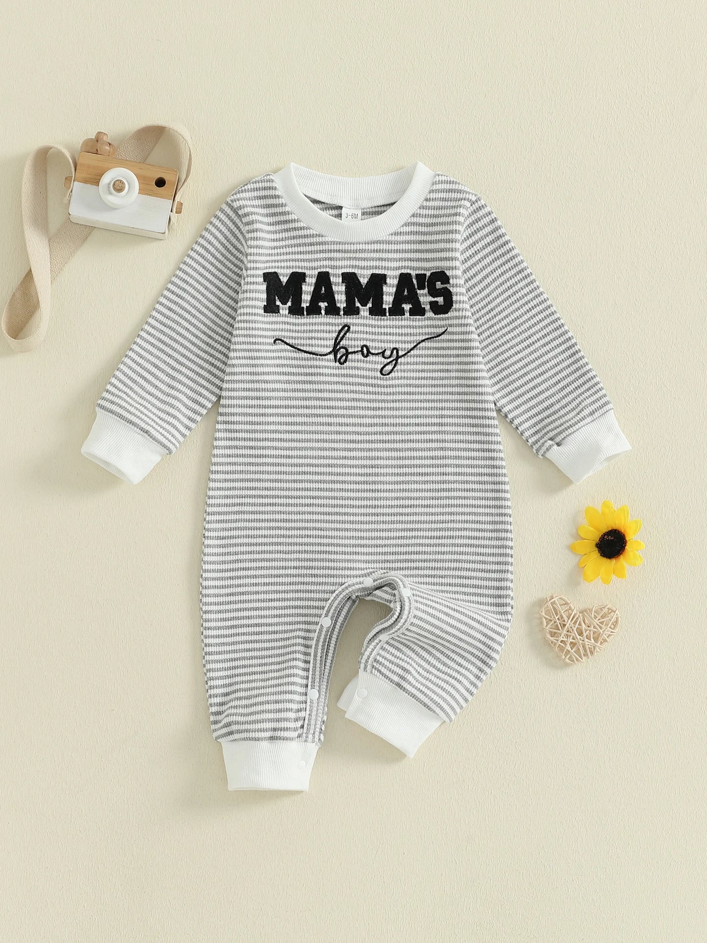 Baby Boys Mama's Boy Fall Romper Letter Embroidery Long Sleeve Round Neck Full Length Waffled Stripe Jumpsuit