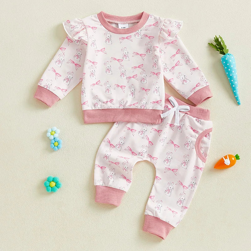 Baby Toddler Girls 2Pcs Easter Outfit Bow Bunny Rabbit Print Long Sleeve Top + Elastic Waist Long Pants Spring Set