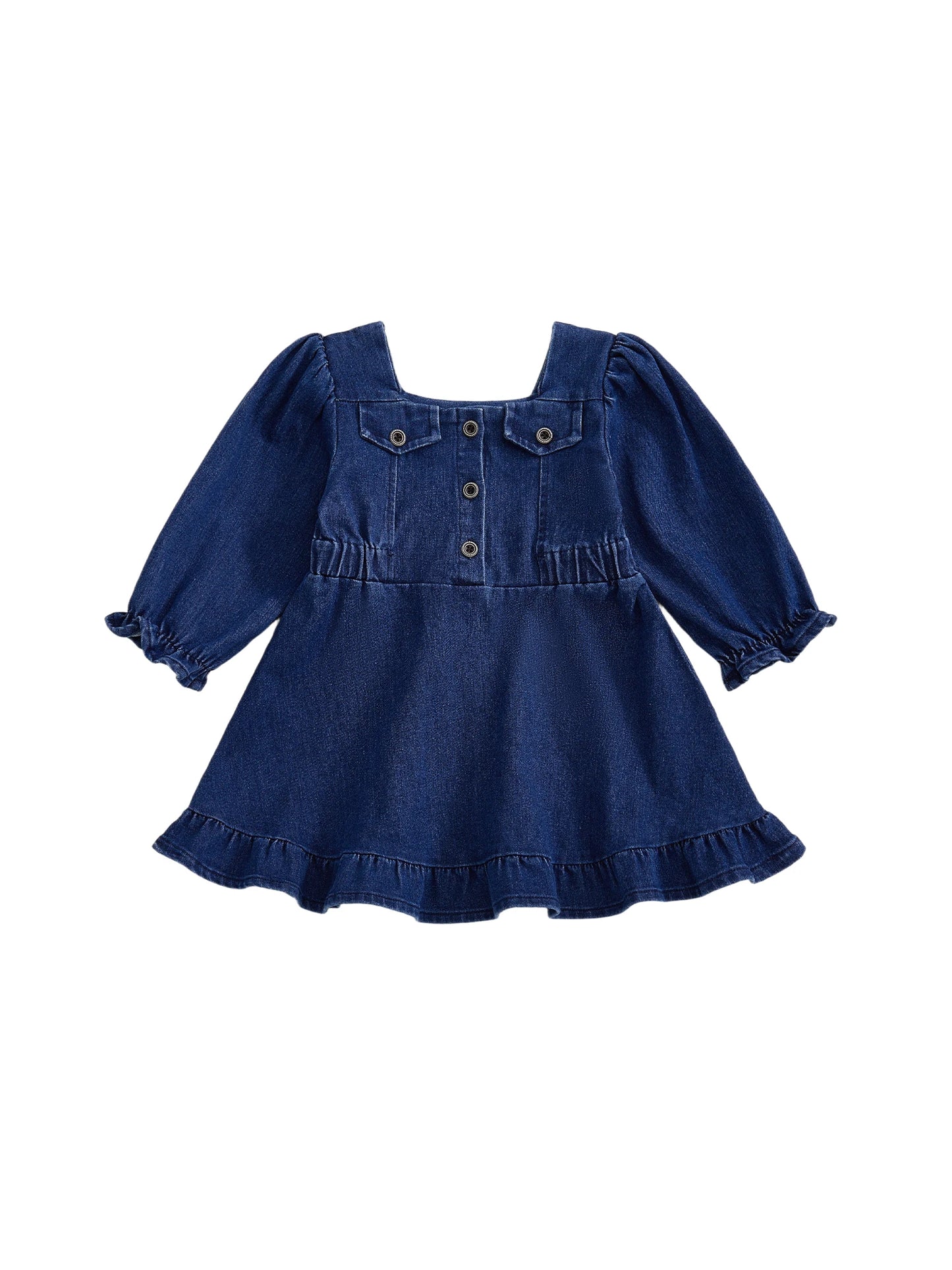 Baby Toddler Girl Denim Dress Long Puff Sleeve Button Down A-Line Dress Ruffle Dress