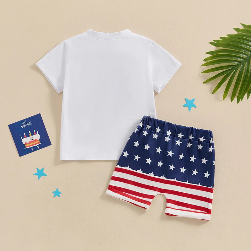 Toddler Baby Boy 2Pcs 4th of July Outfit USA Letter Print O-Neck Short Sleeve TopsElastic Waist Stars and Stripes Flag Shorts Summer Outfit Set