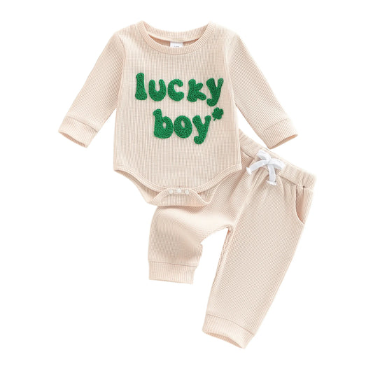 Baby Boy 2Pcs Lucky Boy St. Patrick's Day Outfits Letters Embroidery Long Sleeve Crew Neck Romper and Elastic Waist Joggers Pants Set