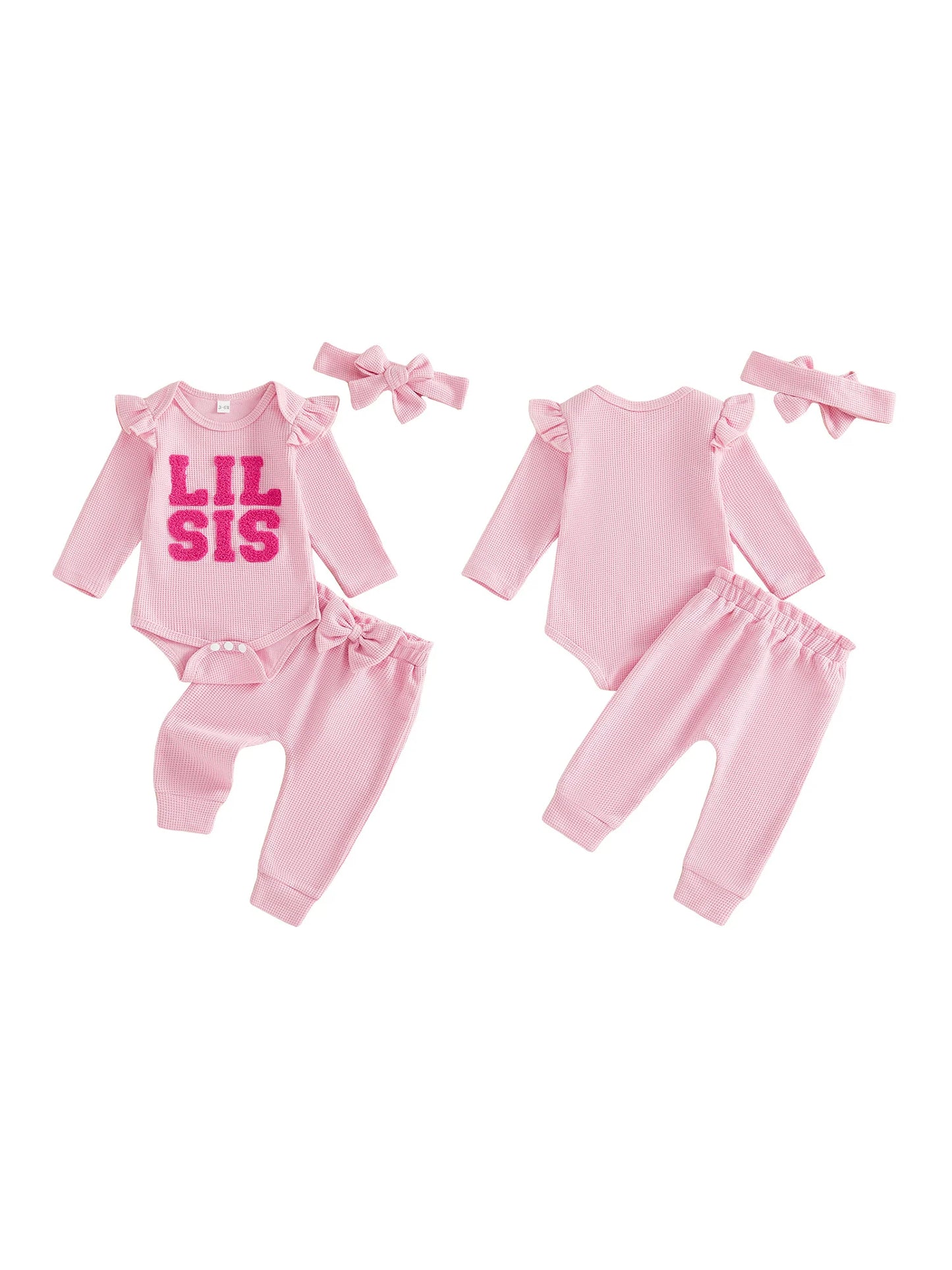 Baby Girl 3Pcs Lil Sis Outfit Waffle Letter Embroidered Crew Neck Long Sleeve Romper Jogger Pants and Headband 3 Pcs Set