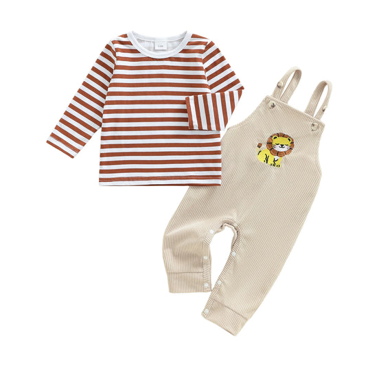 Baby Boys 2Pcs Clothing Sets Fashionable Long Sleeve Striped Topswith Lion Embroidery Overalls 2Pcs Fall Outfits
