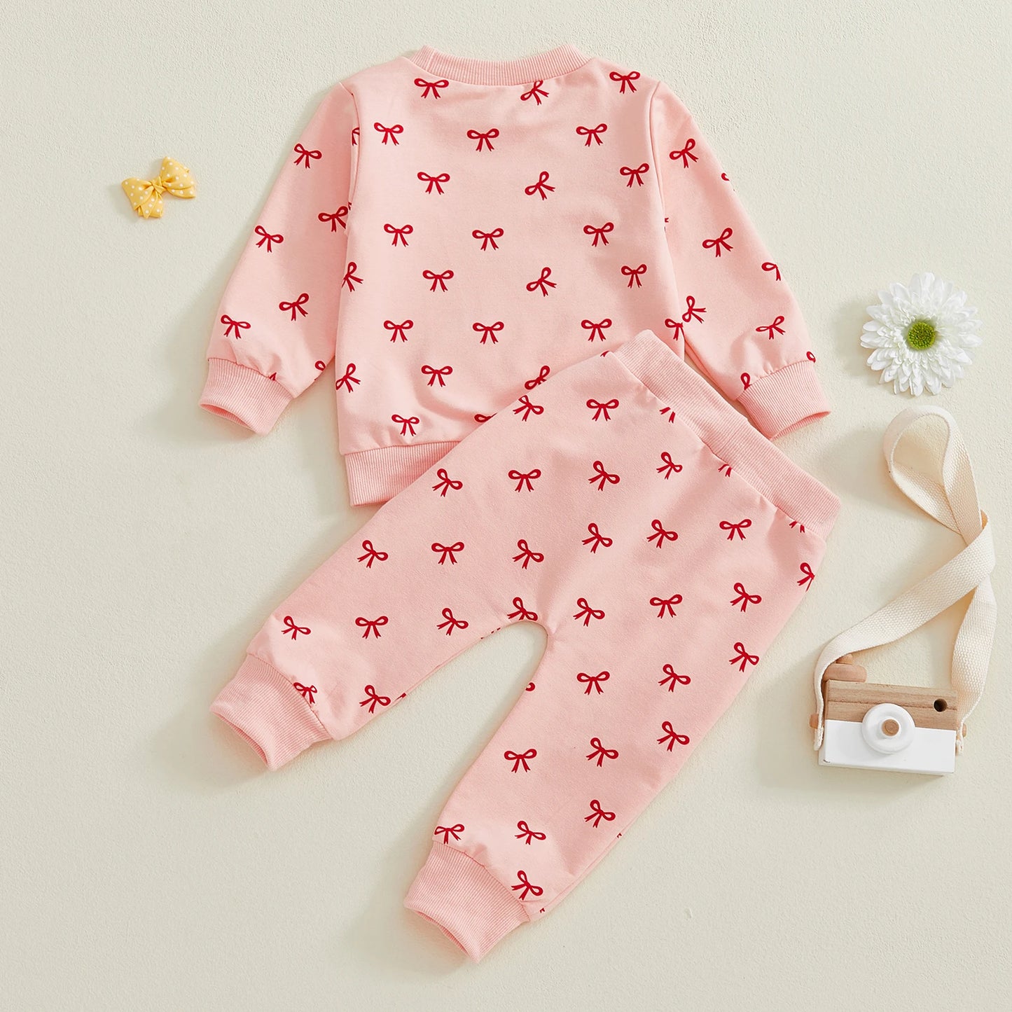 Baby Toddler Girl 2Pcs Fall Outfits Bow Print Long Sleeve Round Neck Pullover + Elastic Waist Long Pants 2Pcs Jogger Set