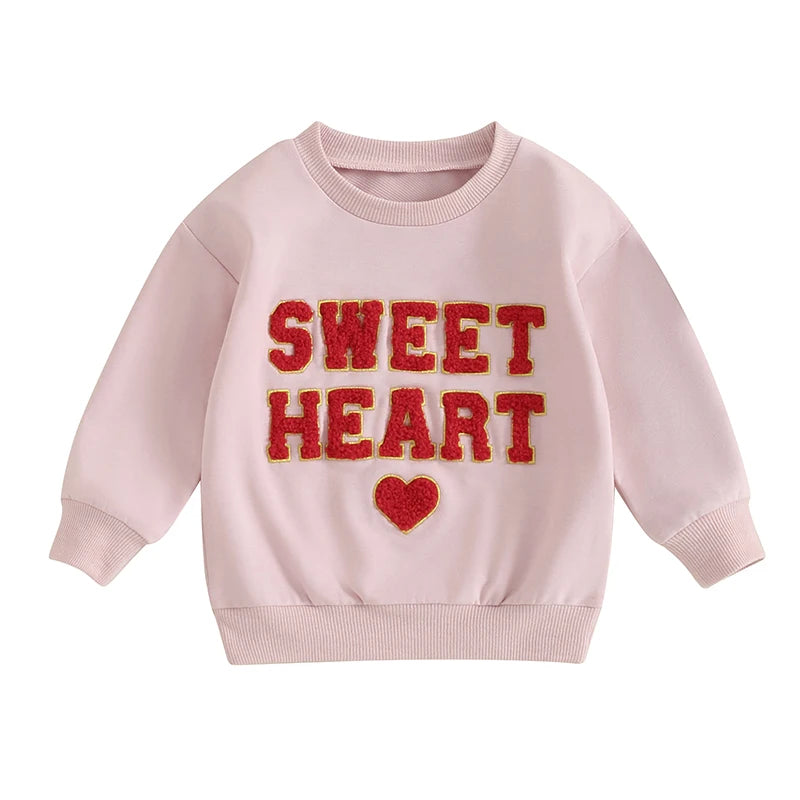 Baby Toddler Girls Valentine's Day Sweet Heart Letters Long Sleeve O-neck Embroidery Pullover Top