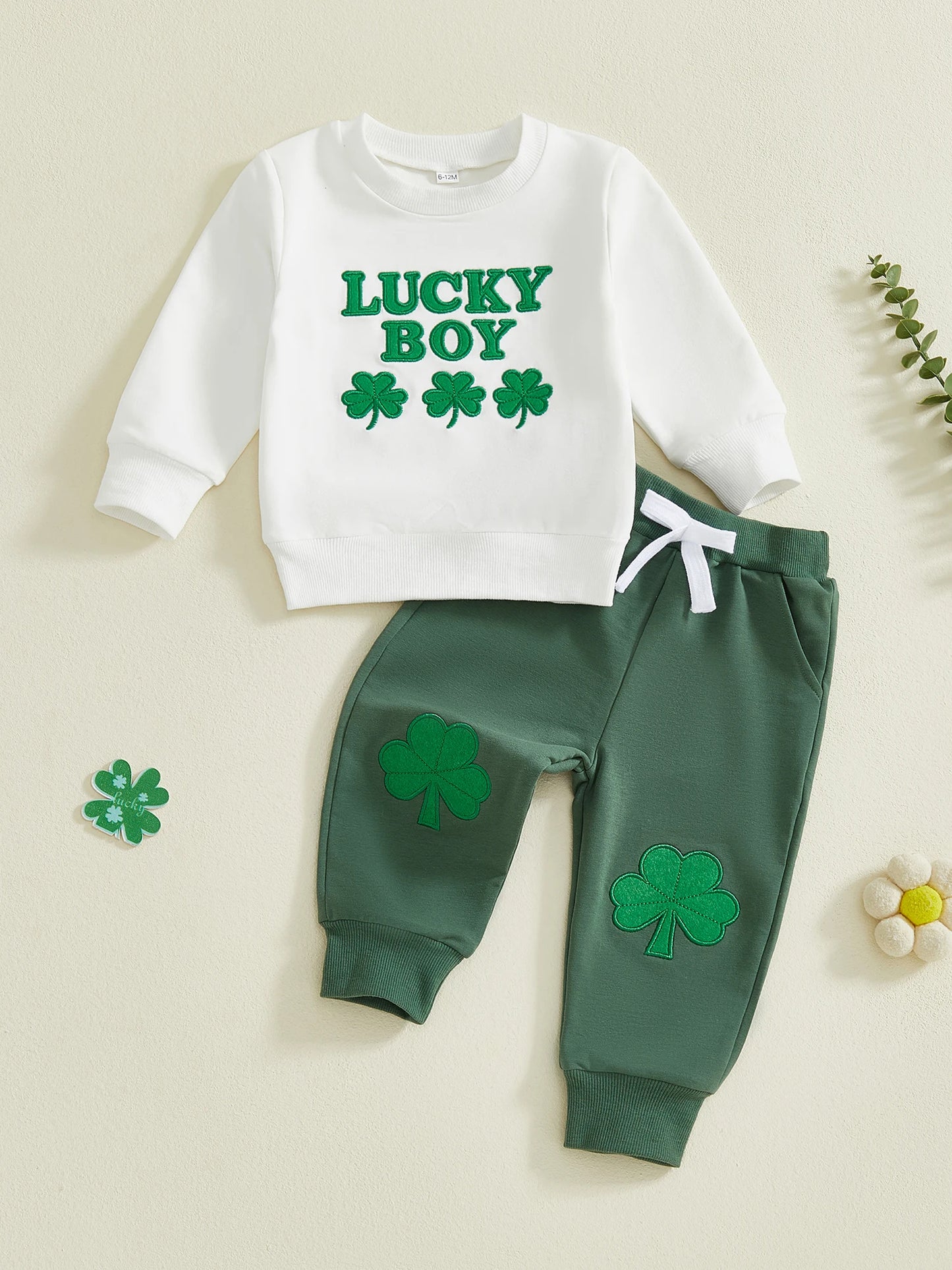 Baby Toddler Boys 2Pcs Lucky Boy Irish Outfit Clover Letter Long Sleeve Top and Joggers Pants 2 Piece Spring Jogger Set St. Patrick's Day