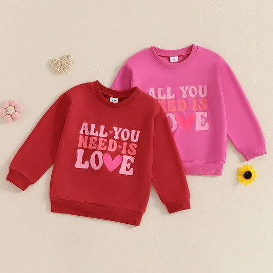 Toddler Kids Girl Valentine's Day All You Need Is Love Long Sleeve Round Neck Heart Letter Printed Pullover Top