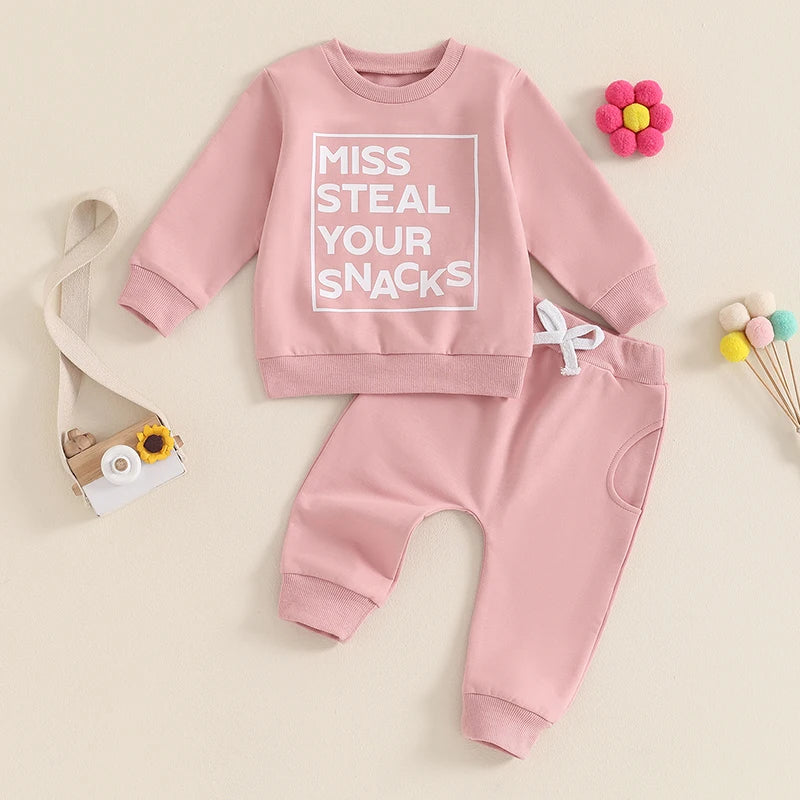 Baby Toddler Girls 2Pcs Fall Outfit Miss Steal Your Snacks Letter Print Long Sleeve Crewneck Top and Elastic Waist Pants Set