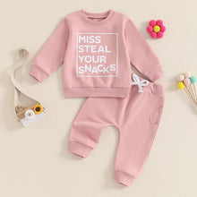 Load image into Gallery viewer, Baby Toddler Girls 2Pcs Fall Outfit Miss Steal Your Snacks Letter Print Long Sleeve Crewneck Top and Elastic Waist Pants Set
