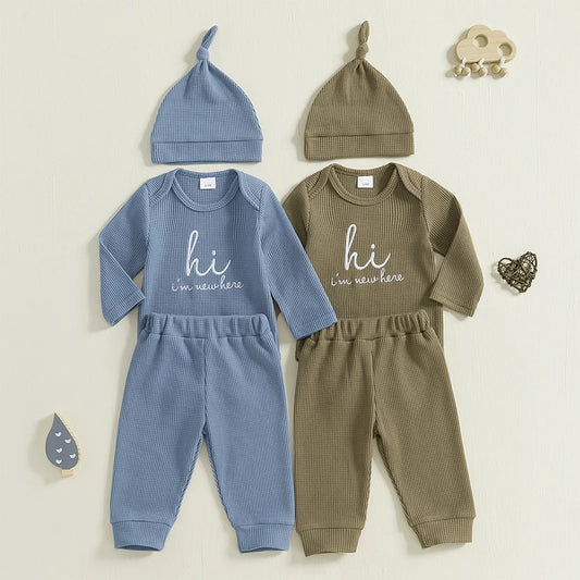 Baby Boys 3Pcs Hi I'm New Here Waffle Fall Set Letter Print Long Sleeve Round Neck Romper Long Pants Hat Outfit