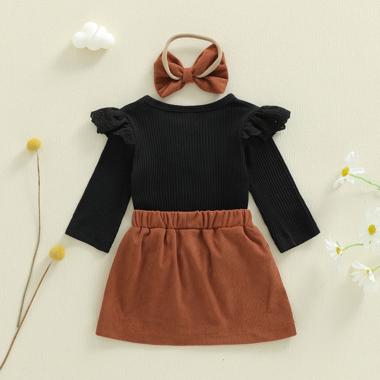 Baby Girls 3Pcs Outfit Long Sleeve Romper with Mini Skirt Bowknot Headband Fall Set