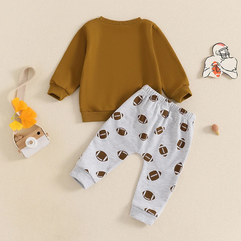 Baby Toddler Boys 2Pcs Game Day Fall Outfit Football Print Long Sleeve Top and Elastic Pants Jogger Set