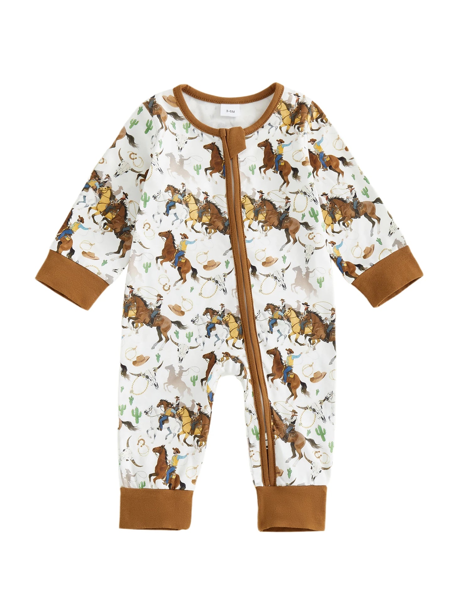 Baby Boy Western Zipper Romper Cactus Horse Print Long Sleeve Zip-up Jumpsuit Casual Infant Clothes