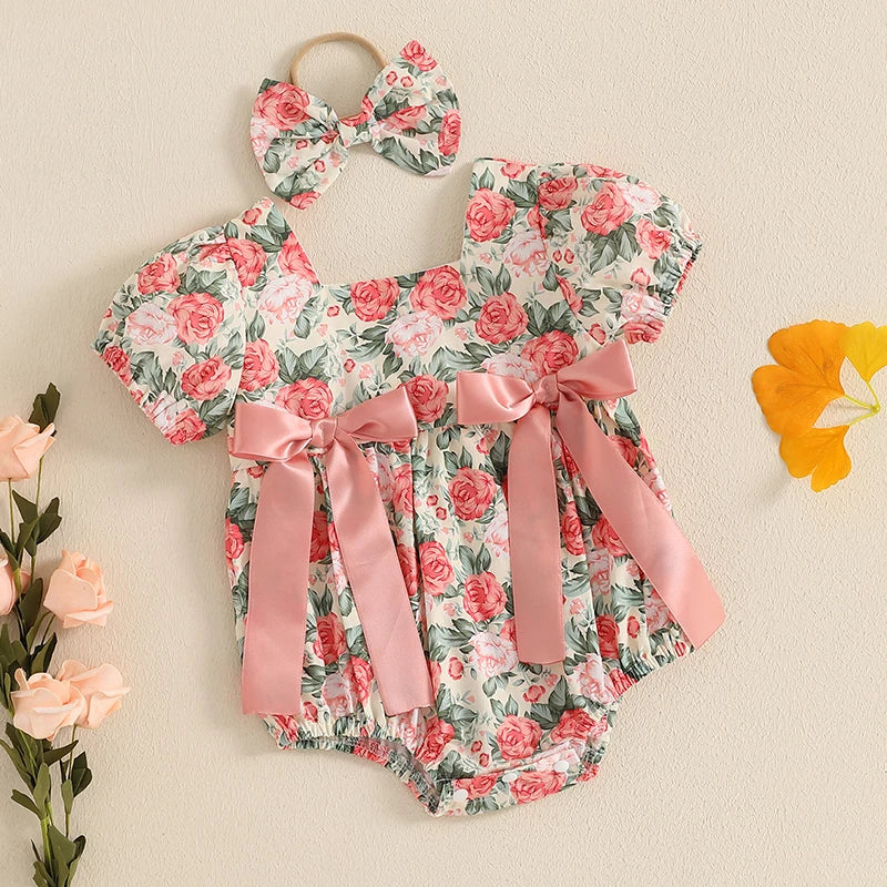 Baby Girls 2Pcs Romper Floral Print Short Sleeve Bodysuit Jumpsuit with Bow Headband Set