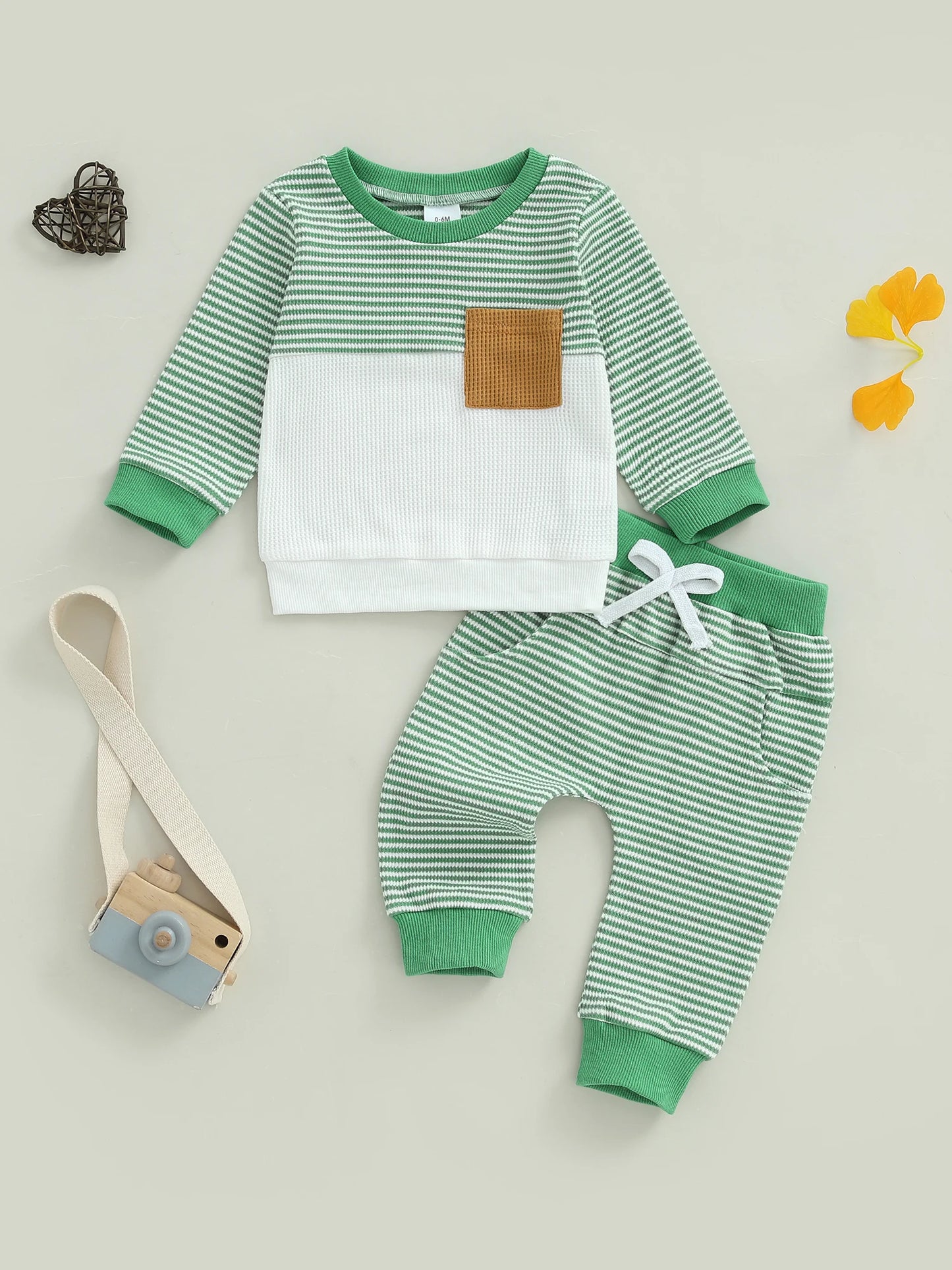 Baby Toddler Boys 2Pcs Fall Waffled Outfits Stripe Pocket Long Sleeve Round Neck Pullover + Elastic Waist Pants Jogger Set