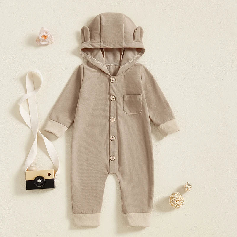 Baby Boys Girls Button-up Jumpsuit Cute Bear Ears Hooded Long Sleeve Chest Pocket Fall Romper Unisex