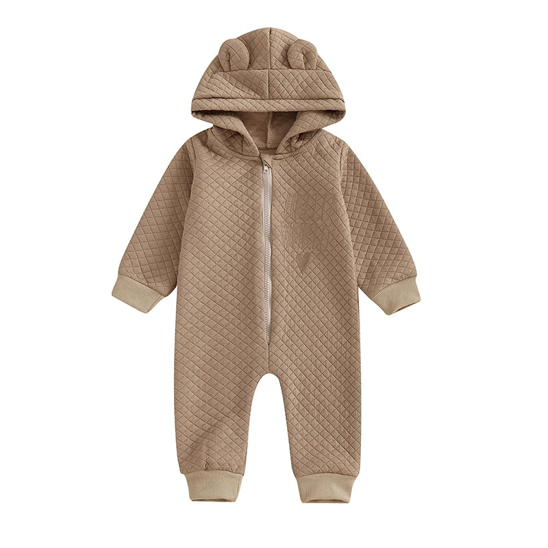 Baby Boys Girls Hello World Jumpsuit Long Sleeve Solid Hooded Hood with Ears Embroidery Letters Zipper Romper Clothes