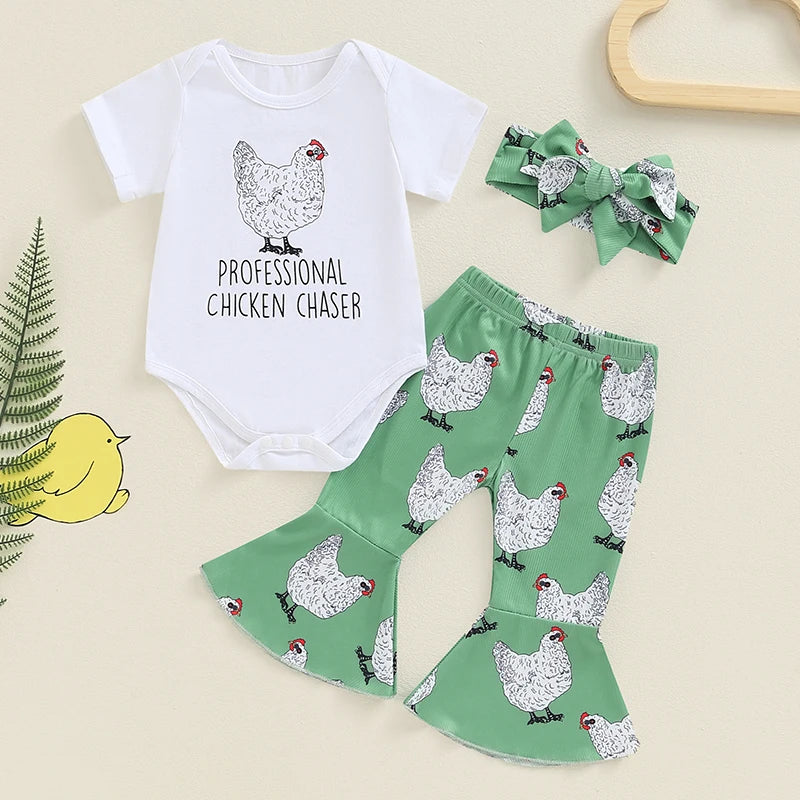 Baby Girls 3Pcs Give Me A Peck / Professional Chicken Chaser Short Sleeve Romper Chicken Print Flared Pants Headband Set Outfit