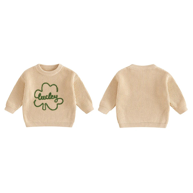 Baby Toddler Kids Boys Girls Lucky Knit Sweater Long Sleeve Round Neck Shamrock Letter Embroidery Pullover Spring St. Patrick's Day Top