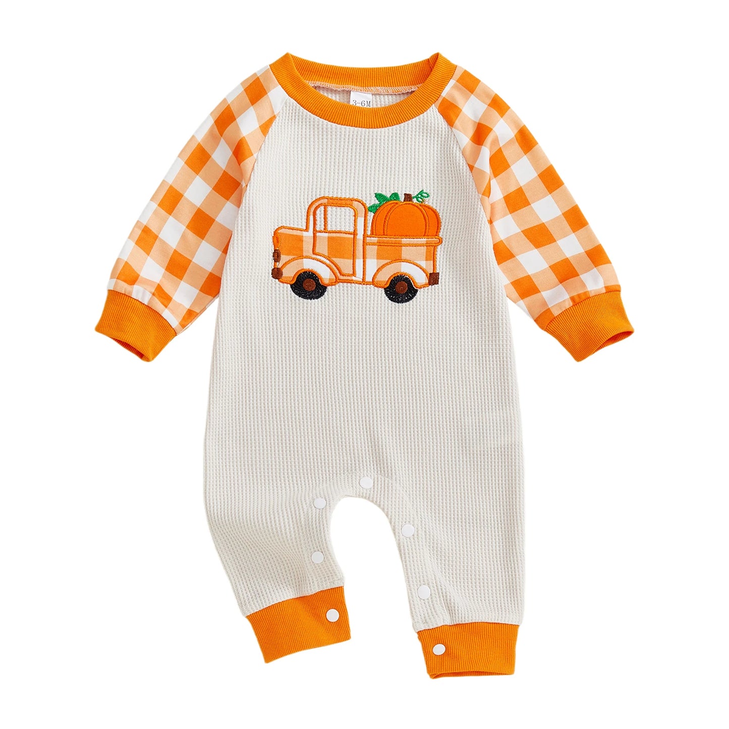 Baby Girl Boy Thanksgiving/Christmas Casual Jumpsuit Long Sleeve Round Neck Car Truck Pumpkin Christmas Tree Embroidery Plaid Romper
