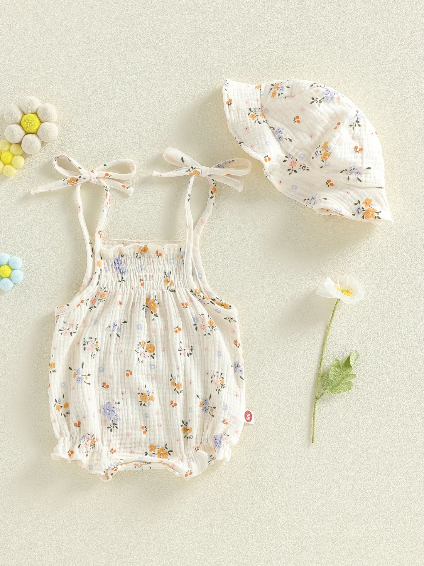 Baby Girls 2Pcs Summer Sweet Romper Infant Sleeveless Strappy Floral Overalls with Hat Set