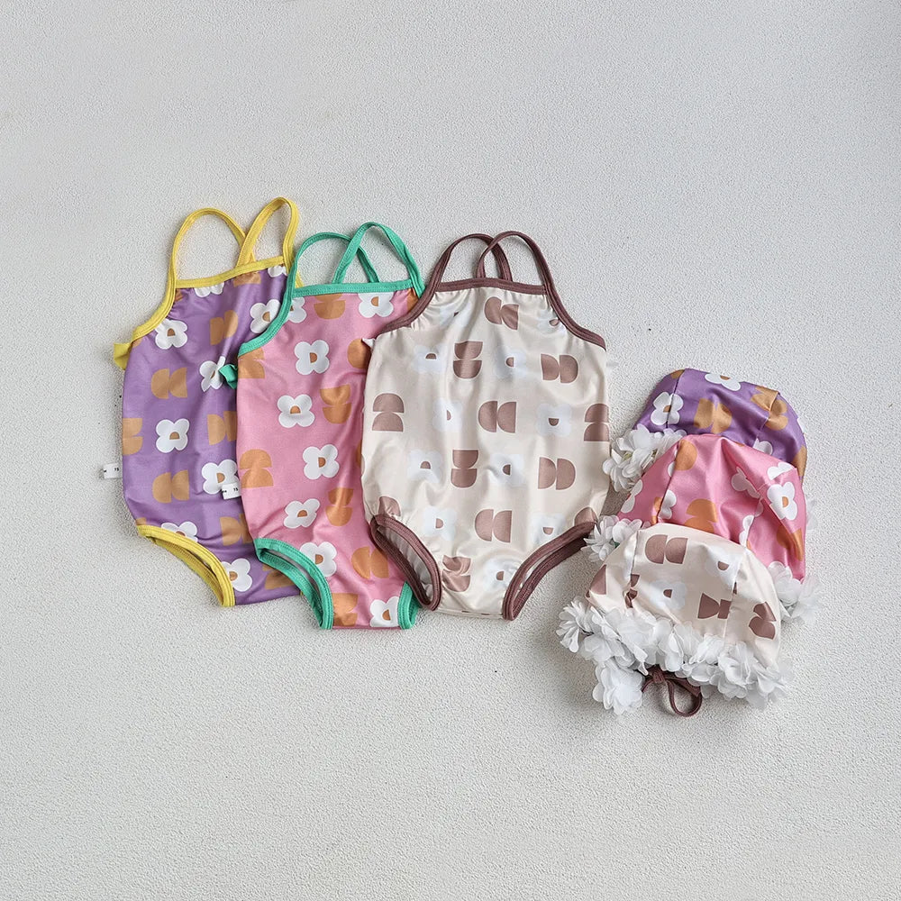 Baby Girls Floral Bandage Swimsuit With Hat Set