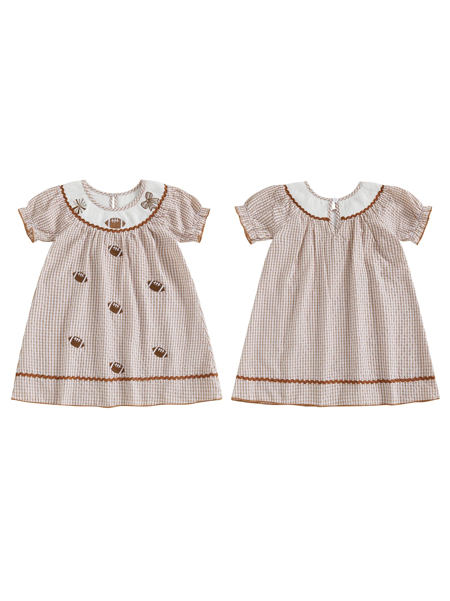 Toddler Kids Girl Dress Loose Fit Football Embroidered Plaid Crew Neck Short Sleeve Dress Summer Fall