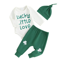 Load image into Gallery viewer, Baby Girls Boys 3Pcs St. Patrick&#39;s Day Outfit Letters Lucky Little Love / Mama&#39;s Lucky Charm Long Sleeve Romper +Shamrock Knee Pants + Hat Set
