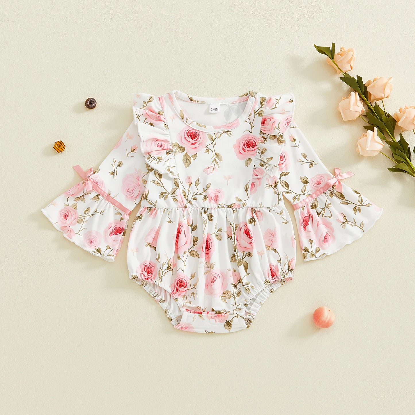Baby Girls Floral Romper Comfortable Long Sleeve Round Neck Flower Print Jumpsuit