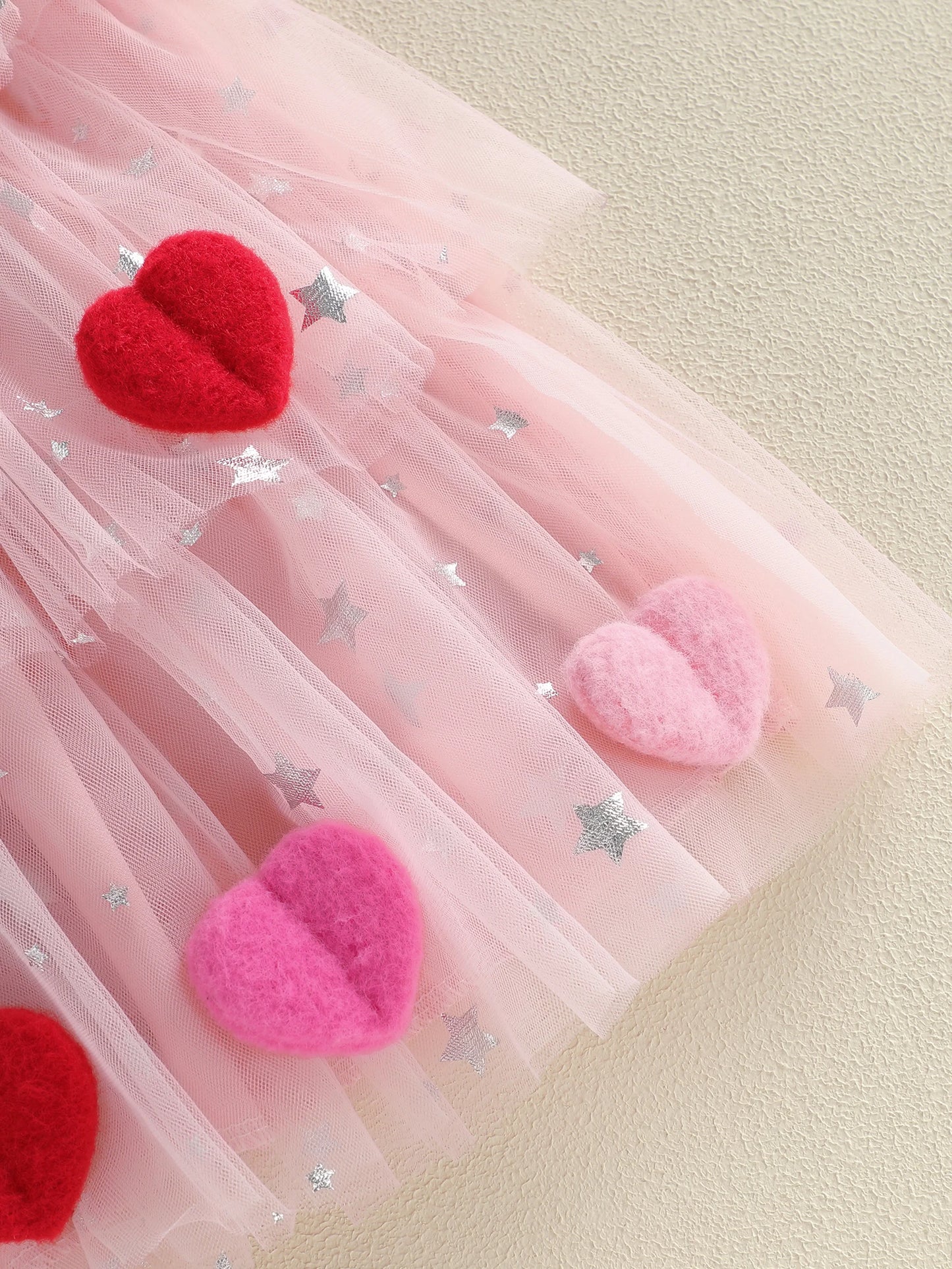 Baby Toddler Kids Girls Valentine's Day Tutu Dress Heart Decorated Sleeveless Square Neck Tulle Layered Dress