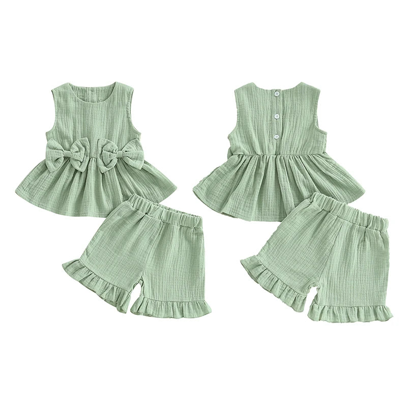 Baby Toddler Kids Girl 2Pcs Summer Clothes Solid Color Bow Round Neck Tank Top + Elastic Waist Ruffled Shorts Set